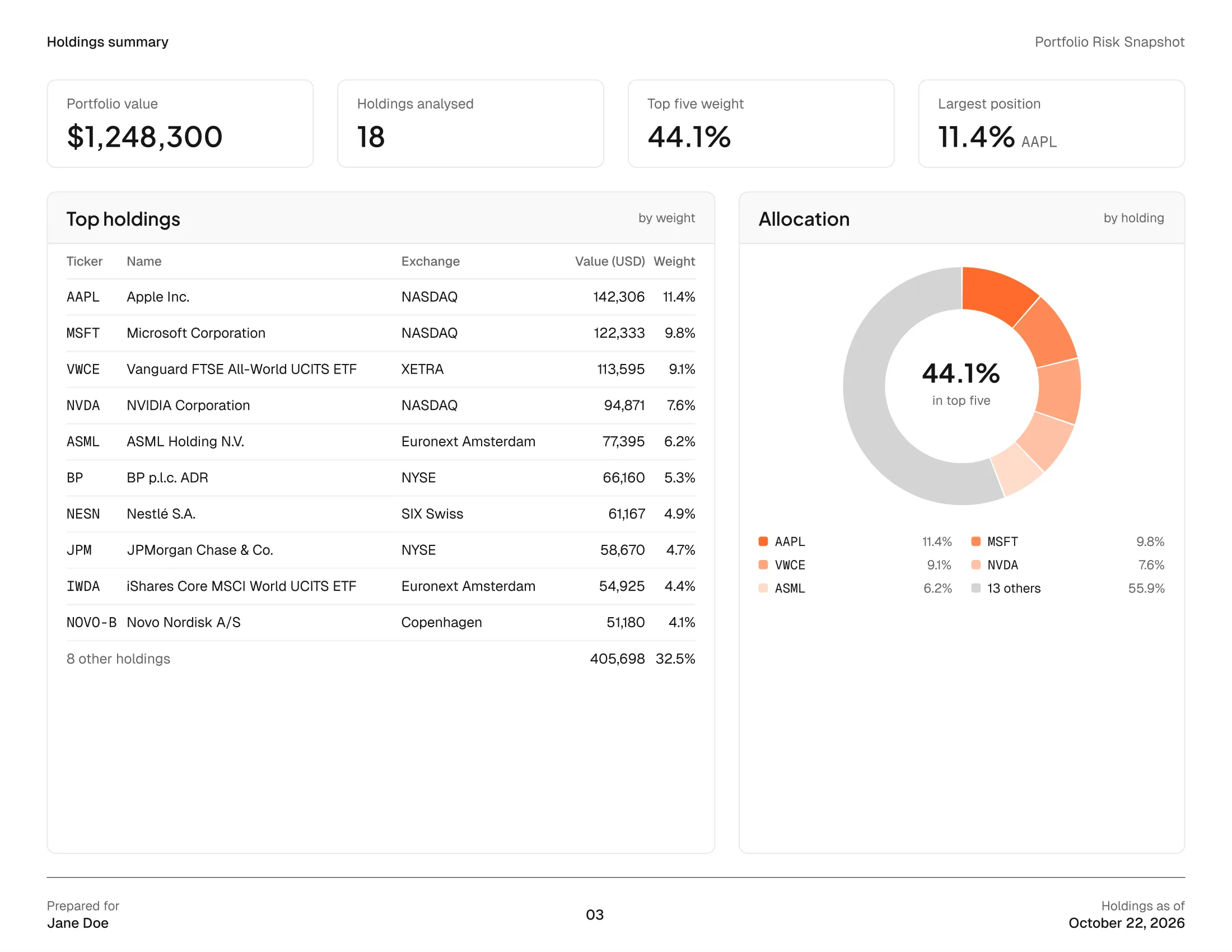Sample risk report holdings page: portfolio value, top holdings and allocation by holding