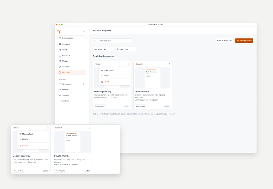 Genesis Risk Monitor proposal templates for editable investment proposals