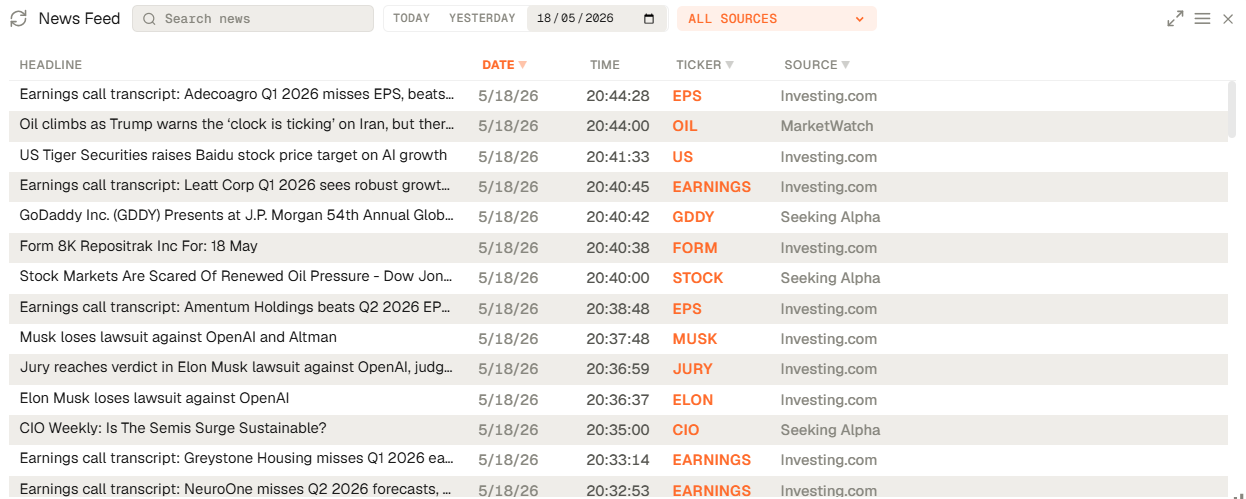 Genesis Risk Monitor News Feed widget showing market headlines and tagged entities