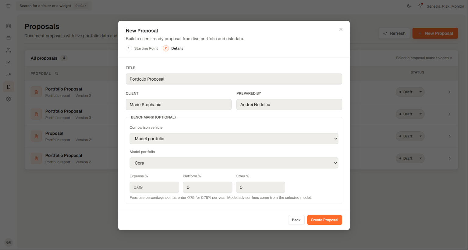 Proposal creation dialog connected to a selected Genesis Risk Monitor portfolio