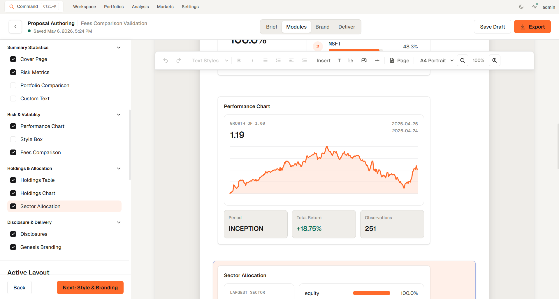 Proposal builder interface with preview, sections, and design controls